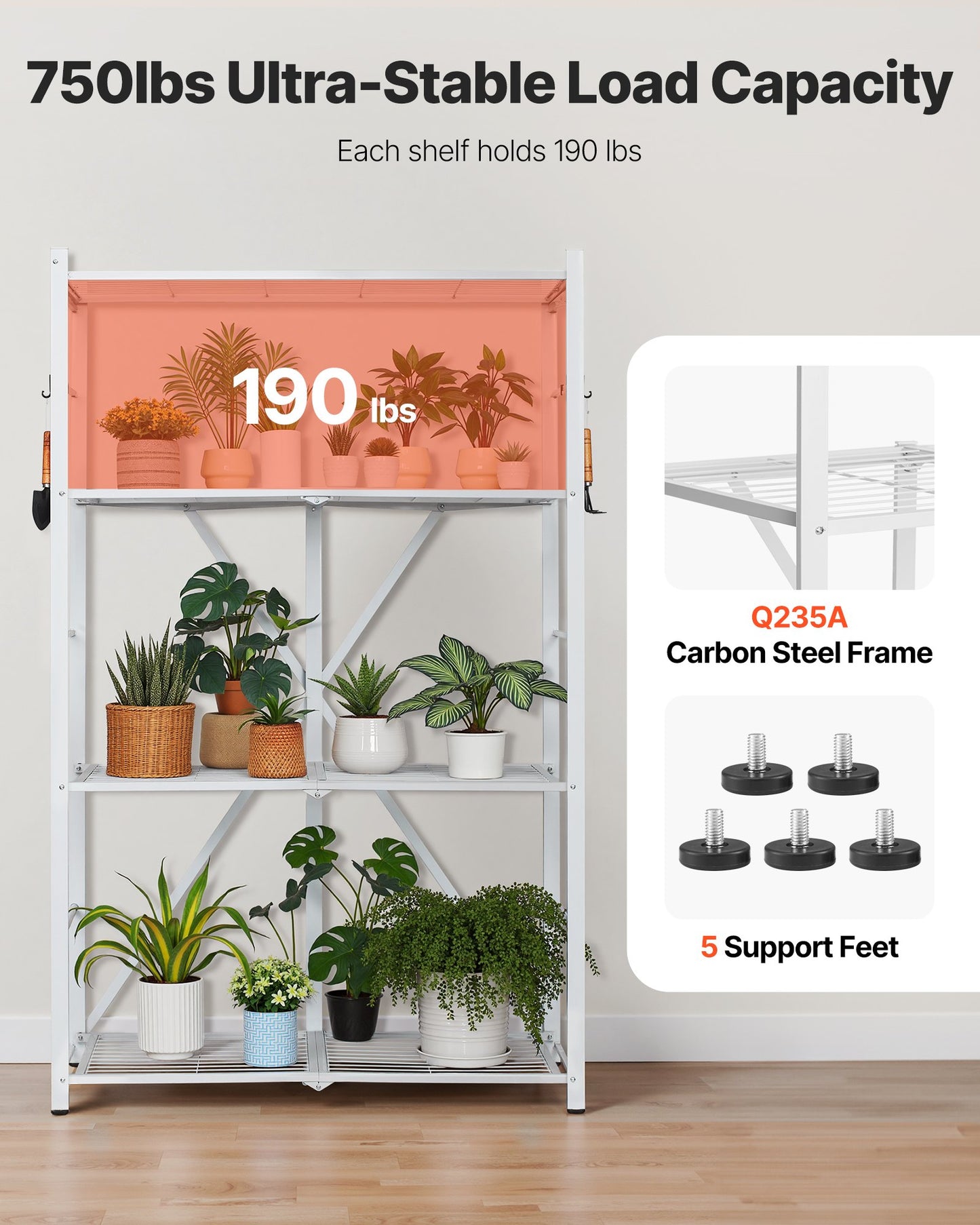 Hopfällbar förvaringshylla med 4 våningar, 36B x 21D x 60 H tum, hopfällbar metallhylla, organiseringshylla utan montering med 5 hjul och 4 krokar för skafferi, kök, garage, källare, vit