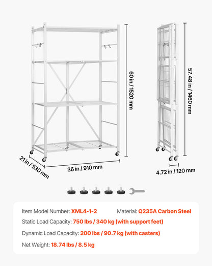 Hopfällbar förvaringshylla med 4 våningar, 36B x 21D x 60 H tum, hopfällbar metallhylla, organiseringshylla utan montering med 5 hjul och 4 krokar för skafferi, kök, garage, källare, vit