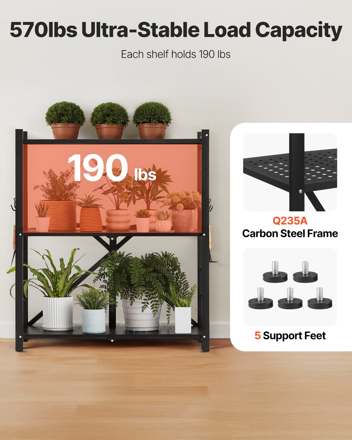 Hopfällbar förvaringshylla i 3 våningar, 30B x 13D x 36H tum, hopfällbar metallhylla, organiseringshylla utan montering med 5 hjul och 4 krokar för skafferi, kök, garage, källare, svart