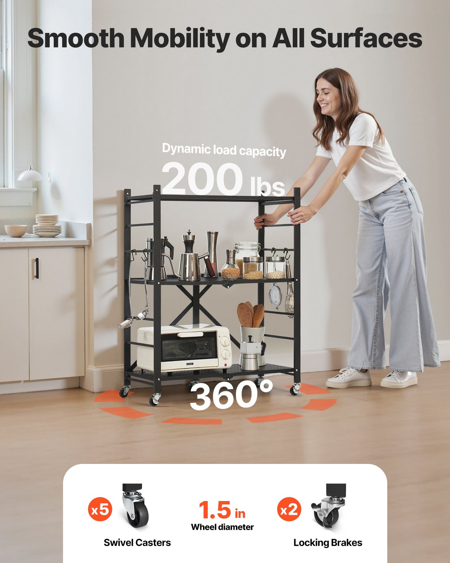 3-Tier Foldable Storage Shelf, 28W x 13D x 36H Inch Folding Metal Rack Shelving Unit, No Assembly Organizer Shelf with 5 Wheels & 4 Hooks for Pantry, Kitchen, Garage, Basement, Black