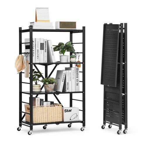 4-Tier Foldable Storage Shelf, 26W x 13D x 46H Inch Folding Metal Rack Shelving Unit, No Assembly Organizer Shelf with 5 Wheels & 4 Hooks for Pantry, Kitchen, Garage, Basement, Black