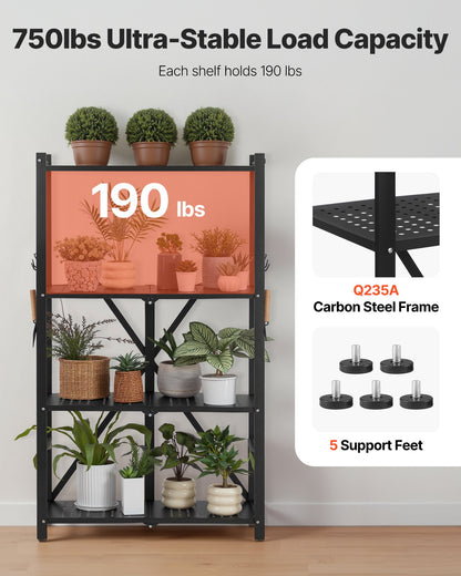 Hopfällbar förvaringshylla med 4 våningar, 26B x 13D x 46H tum, hopfällbar metallhylla, organiseringshylla utan montering med 5 hjul och 4 krokar för skafferi, kök, garage, källare, svart