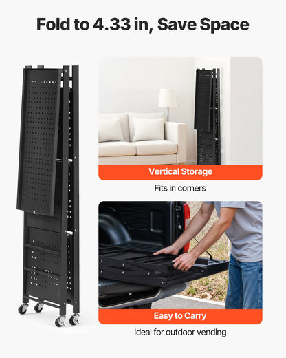 Hopfällbar förvaringshylla med 4 våningar, 26B x 13D x 46H tum, hopfällbar metallhylla, organiseringshylla utan montering med 5 hjul och 4 krokar för skafferi, kök, garage, källare, svart