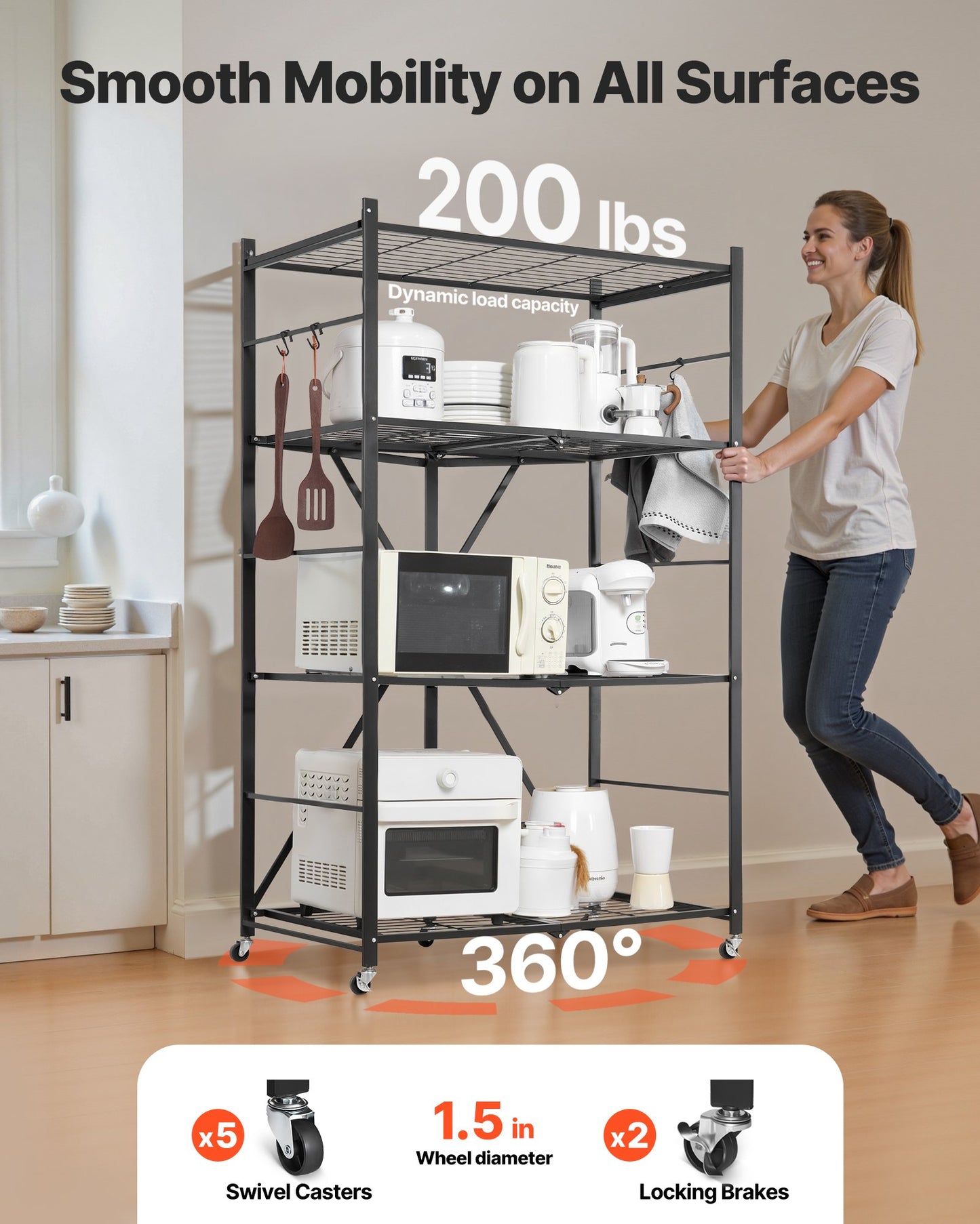 4-Tier Foldable Storage Shelf, 36W x 21D x 60H Inch Folding Metal Rack Shelving Unit, No Assembly Organizer Shelf with 5 Wheels & 4 Hooks for Pantry, Kitchen, Garage, Basement, Black