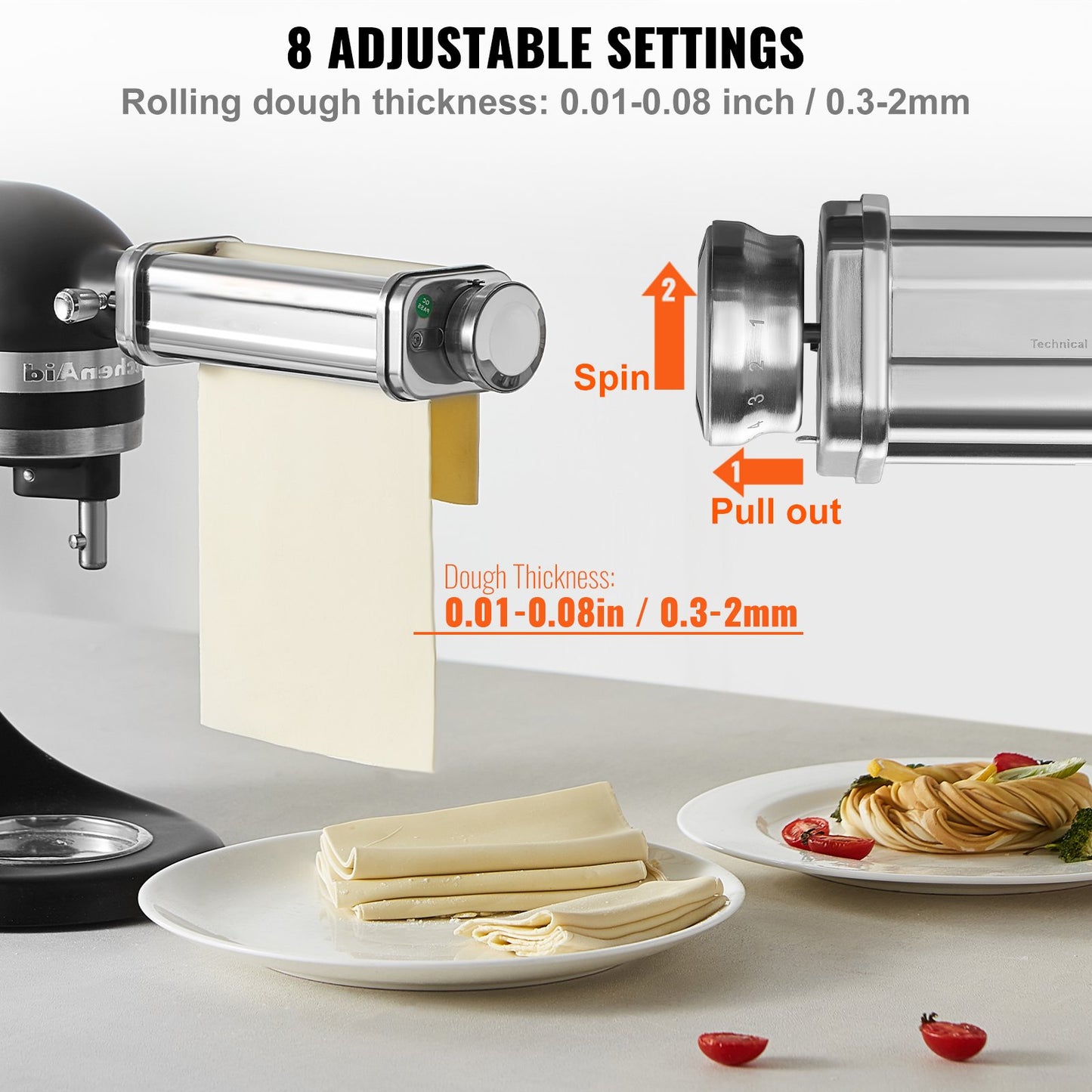 Pastatillbehör för KitchenAid köksmaskin, pastavalstillbehör i rostfritt stål, pastamaskintillbehör med 8 justerbara tjockleksknoppar, KitchenAid pastatillbehör från