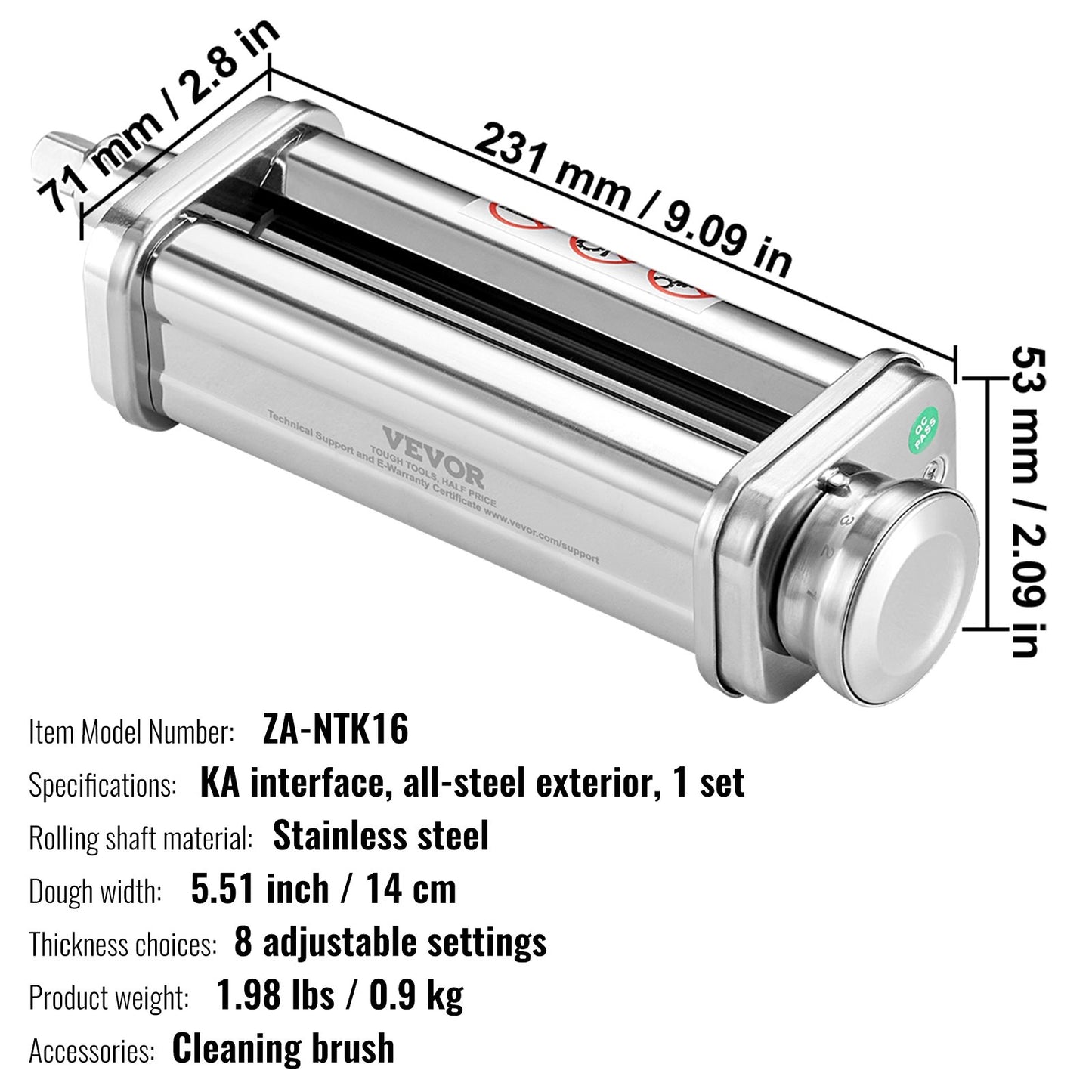 Pastatillbehör för KitchenAid köksmaskin, pastavalstillbehör i rostfritt stål, pastamaskintillbehör med 8 justerbara tjockleksknoppar, KitchenAid pastatillbehör från