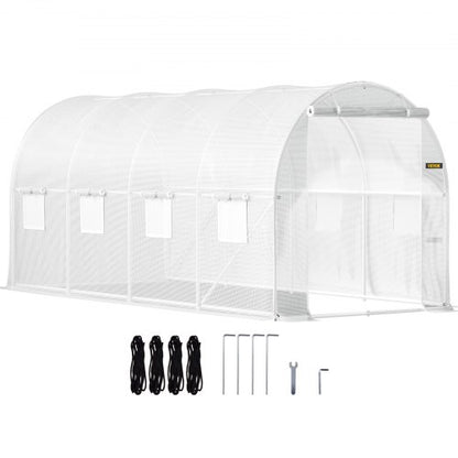 Walk-in Tunnel Greenhouse, 457.2 x 198.12 x 213.4 cm Portable Plant Hot House w/ Galvanized Steel Hoops, 1 Top Beam, 2 x Diagonal Poles, 2 Zippered Doors & 8 Roll-up Windows, White
