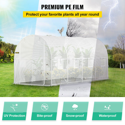 Walk-in Tunnel Greenhouse, 457.2 x 198.12 x 213.4 cm Portable Plant Hot House w/ Galvanized Steel Hoops, 1 Top Beam, 2 x Diagonal Poles, 2 Zippered Doors & 8 Roll-up Windows, White
