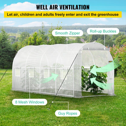 Walk-in Tunnel Greenhouse, 457.2 x 198.12 x 213.4 cm Portable Plant Hot House w/ Galvanized Steel Hoops, 1 Top Beam, 2 x Diagonal Poles, 2 Zippered Doors & 8 Roll-up Windows, White