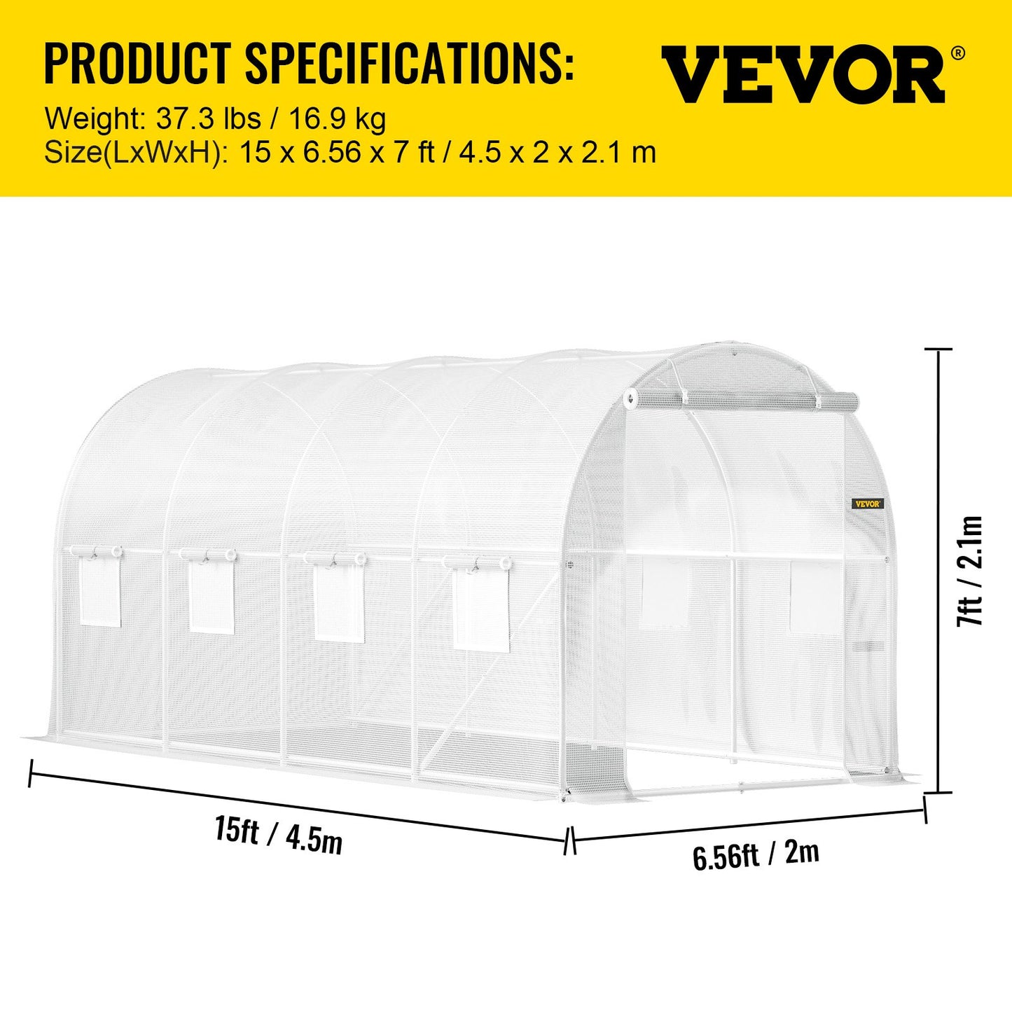 Walk-in Tunnel Greenhouse, 457.2 x 198.12 x 213.4 cm Portable Plant Hot House w/ Galvanized Steel Hoops, 1 Top Beam, 2 x Diagonal Poles, 2 Zippered Doors & 8 Roll-up Windows, White
