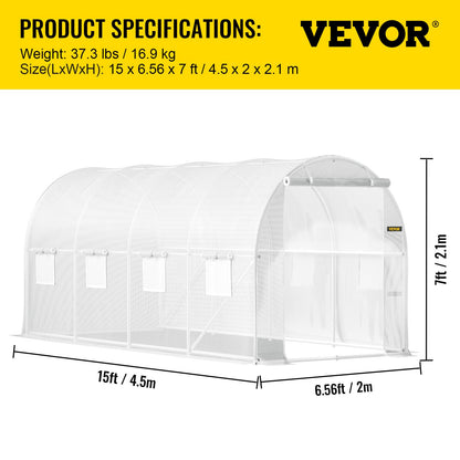 Walk-in Tunnel Greenhouse, 457.2 x 198.12 x 213.4 cm Portable Plant Hot House w/ Galvanized Steel Hoops, 1 Top Beam, 2 x Diagonal Poles, 2 Zippered Doors & 8 Roll-up Windows, White