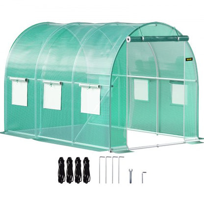 Walk-in Tunnel Greenhouse, 304.8 x 213.4 x 213.4 cm Portable Plant Hot House w/ Galvanized Steel Hoops, 1 Top Beam, Diagonal Poles, Zippered Door & 6 Roll-up Windows, Green