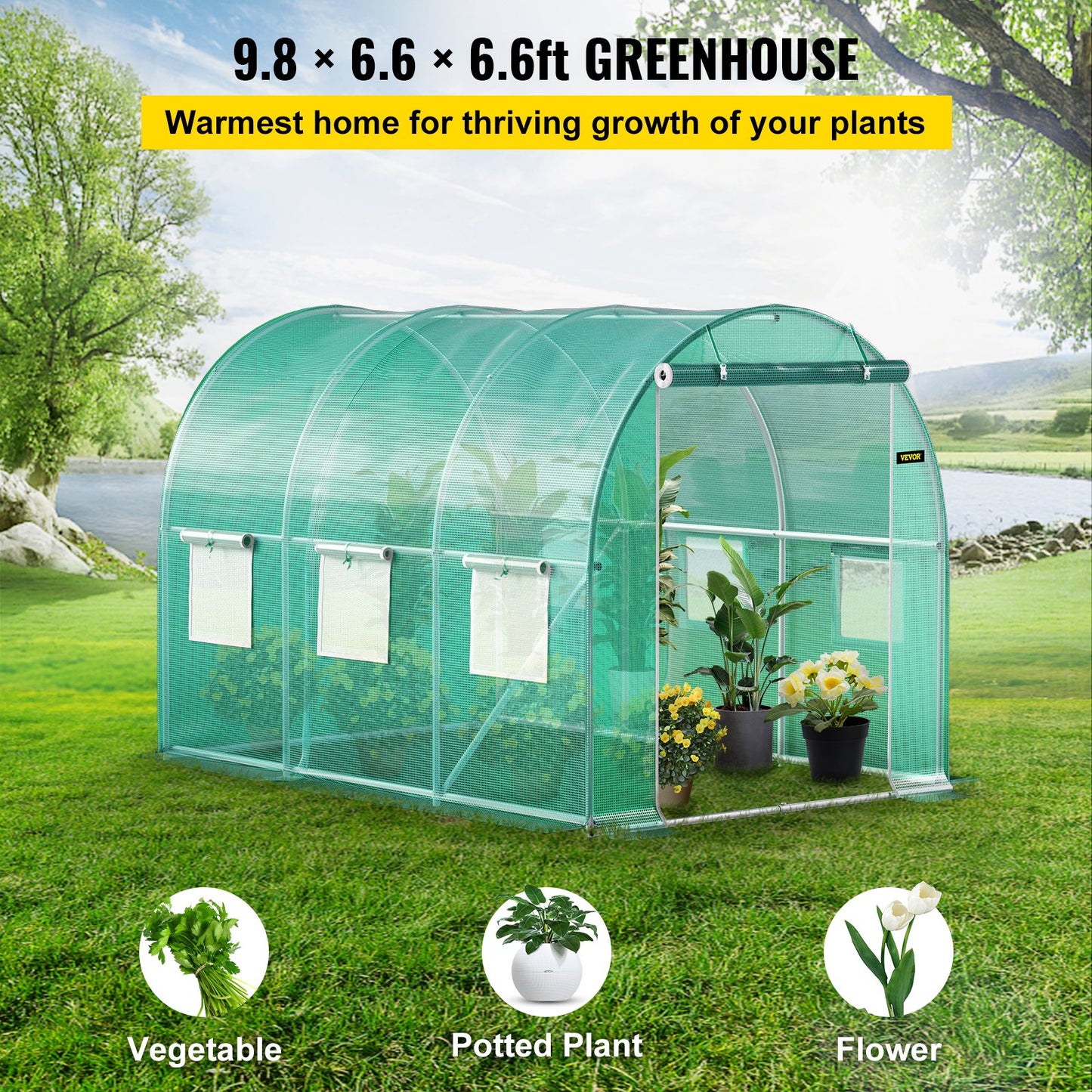 Walk-in Tunnel Greenhouse, 304.8 x 213.4 x 213.4 cm Portable Plant Hot House w/ Galvanized Steel Hoops, 1 Top Beam, Diagonal Poles, Zippered Door & 6 Roll-up Windows, Green