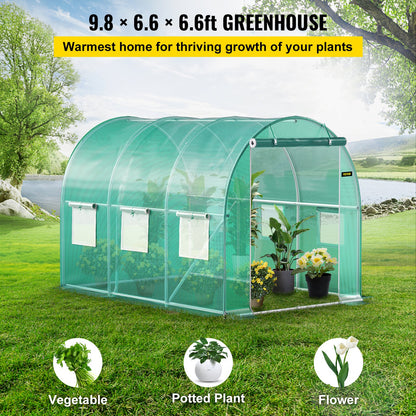 Walk-in Tunnel Greenhouse, 304.8 x 213.4 x 213.4 cm Portable Plant Hot House w/ Galvanized Steel Hoops, 1 Top Beam, Diagonal Poles, Zippered Door & 6 Roll-up Windows, Green