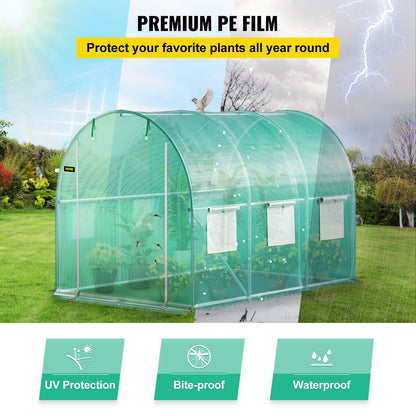 Walk-in Tunnel Greenhouse, 304.8 x 213.4 x 213.4 cm Portable Plant Hot House w/ Galvanized Steel Hoops, 1 Top Beam, Diagonal Poles, Zippered Door & 6 Roll-up Windows, Green