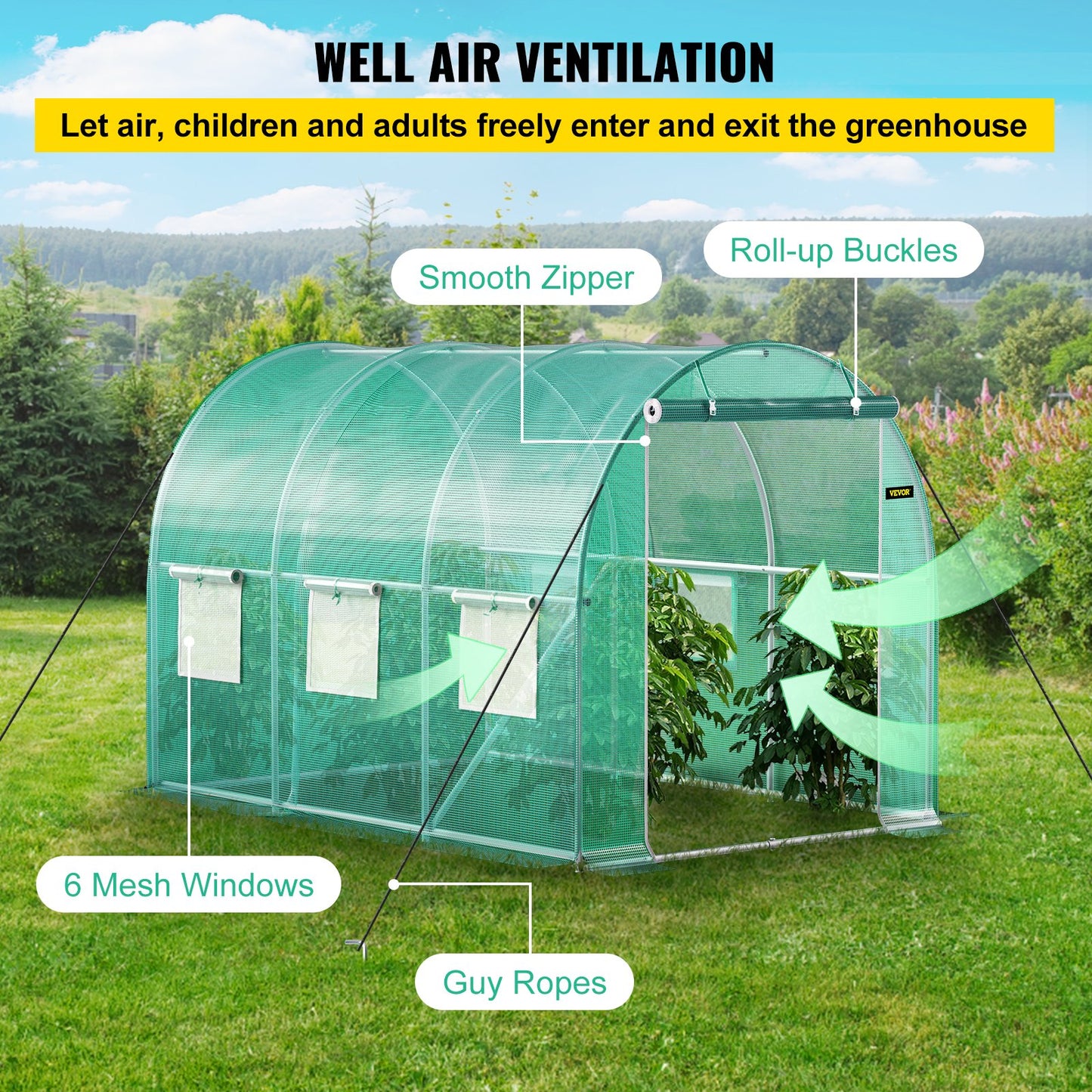 Walk-in Tunnel Greenhouse, 304.8 x 213.4 x 213.4 cm Portable Plant Hot House w/ Galvanized Steel Hoops, 1 Top Beam, Diagonal Poles, Zippered Door & 6 Roll-up Windows, Green