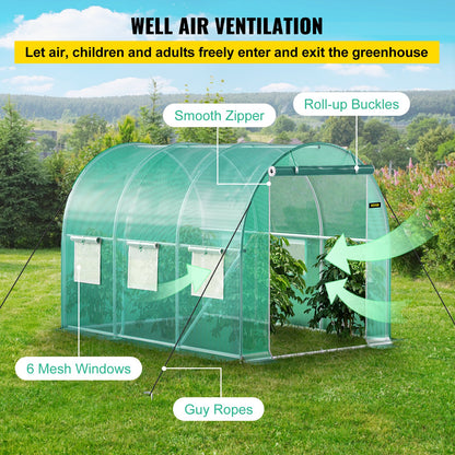 Walk-in Tunnel Greenhouse, 304.8 x 213.4 x 213.4 cm Portable Plant Hot House w/ Galvanized Steel Hoops, 1 Top Beam, Diagonal Poles, Zippered Door & 6 Roll-up Windows, Green