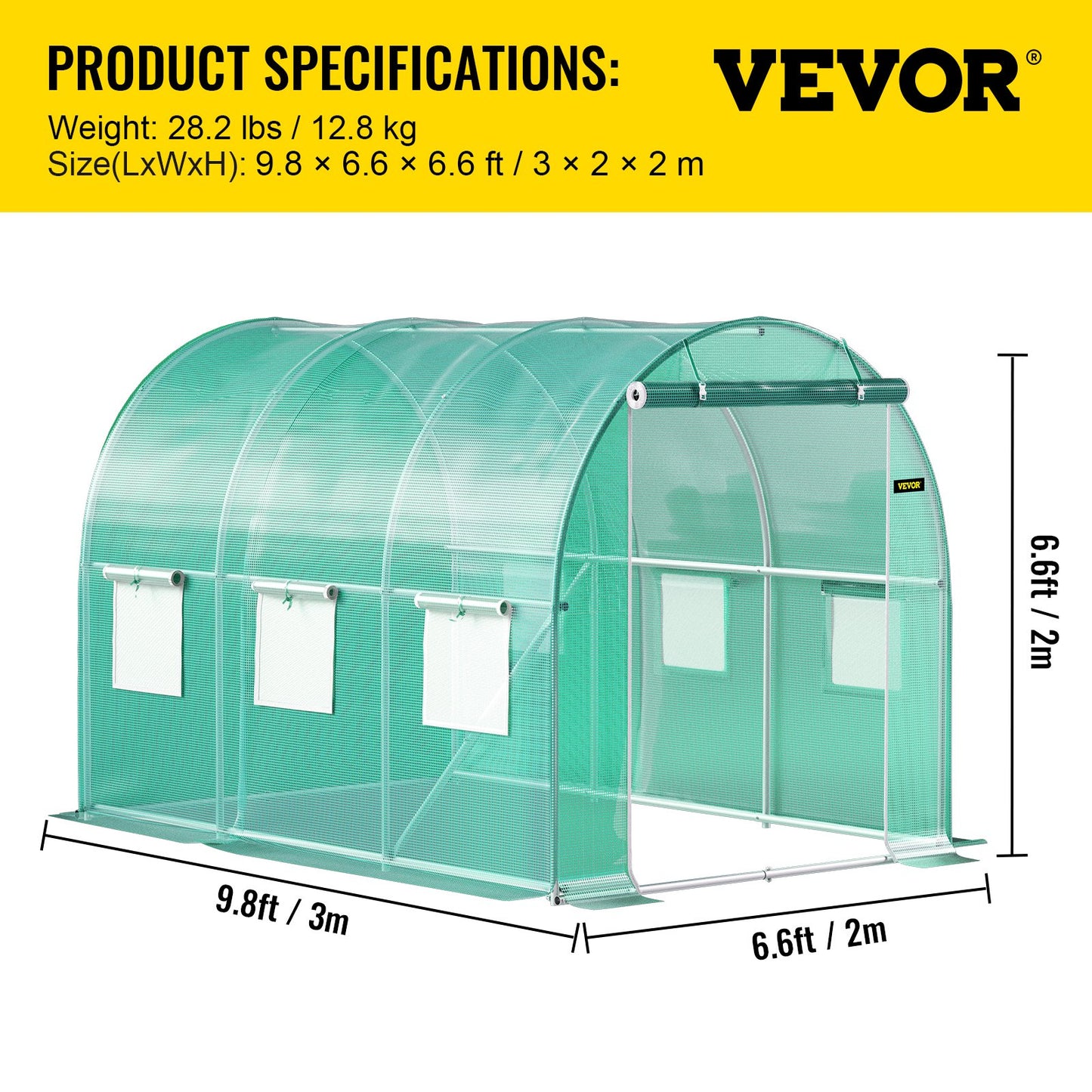 Walk-in Tunnel Greenhouse, 304.8 x 213.4 x 213.4 cm Portable Plant Hot House w/ Galvanized Steel Hoops, 1 Top Beam, Diagonal Poles, Zippered Door & 6 Roll-up Windows, Green