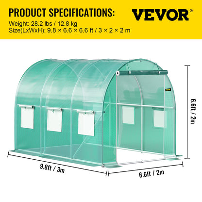 Walk-in Tunnel Greenhouse, 304.8 x 213.4 x 213.4 cm Portable Plant Hot House w/ Galvanized Steel Hoops, 1 Top Beam, Diagonal Poles, Zippered Door & 6 Roll-up Windows, Green