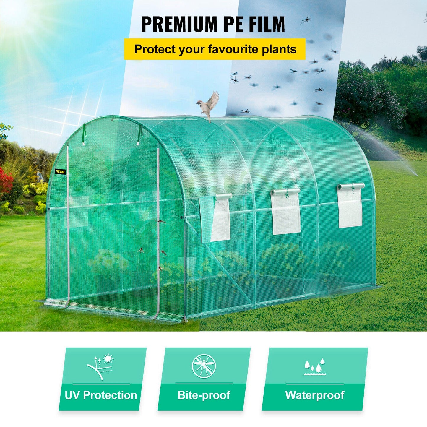 Walk-in Tunnel Greenhouse, 3.6 x 2 x 2 m/ 12 x 7 x 7 ft Portable Plant Hot House w/ Galvanized Steel Hoops, 1 Top Beams, 2 Diagonal Poles, 2 Zippered Doors & 6 Roll-up Windows, Green