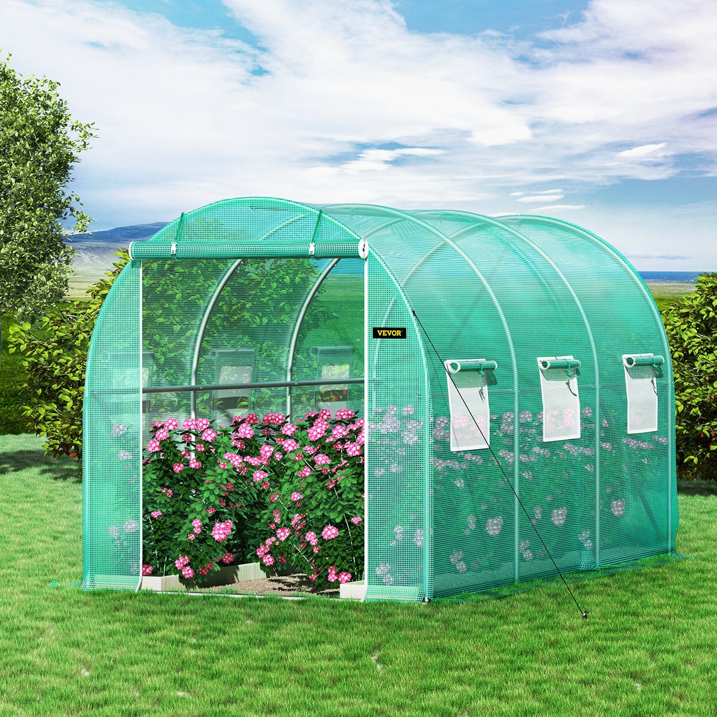 Walk-in Tunnel Greenhouse, 3.6 x 2 x 2 m/ 12 x 7 x 7 ft Portable Plant Hot House w/ Galvanized Steel Hoops, 1 Top Beams, 2 Diagonal Poles, 2 Zippered Doors & 6 Roll-up Windows, Green