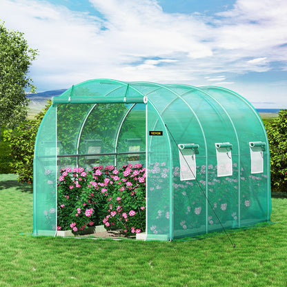 Walk-in Tunnel Greenhouse, 3.6 x 2 x 2 m/ 12 x 7 x 7 ft Portable Plant Hot House w/ Galvanized Steel Hoops, 1 Top Beams, 2 Diagonal Poles, 2 Zippered Doors & 6 Roll-up Windows, Green