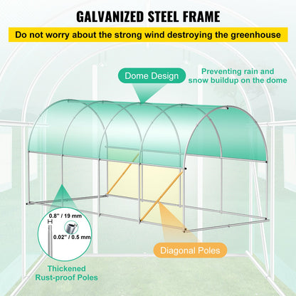 Walk-in Tunnel Greenhouse, 4.5 x 2 x 2 m /15 x 7 x 7 ft Portable Plant Hot House w/ Galvanized Steel Hoops, 1 Top Beam, 2 Diagonal Poles, 2 Zippered Doors & 8 Roll-up Windows, Green