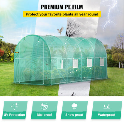 Walk-in Tunnel Greenhouse, 4.5 x 2 x 2 m /15 x 7 x 7 ft Portable Plant Hot House w/ Galvanized Steel Hoops, 1 Top Beam, 2 Diagonal Poles, 2 Zippered Doors & 8 Roll-up Windows, Green