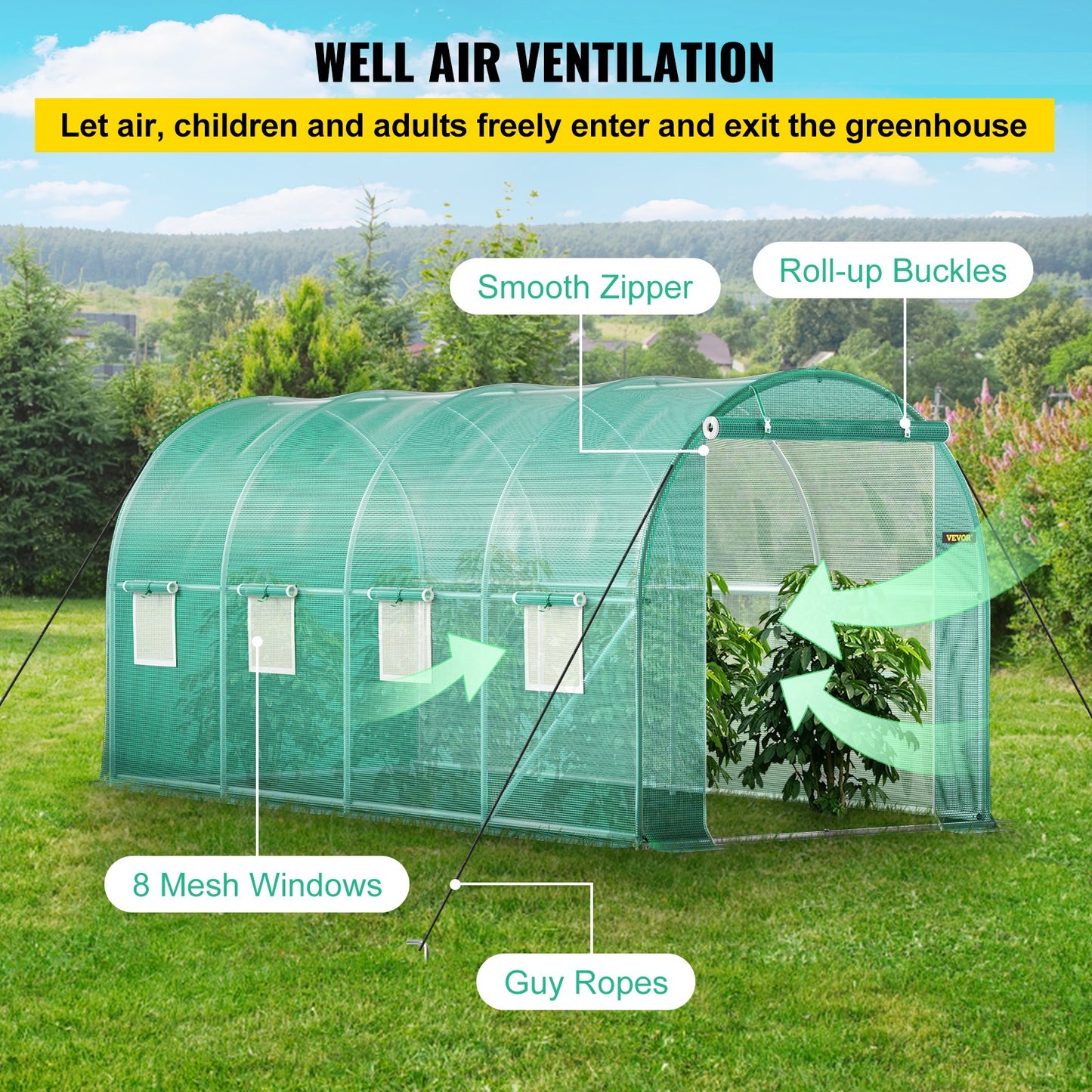 Walk-in Tunnel Greenhouse, 4.5 x 2 x 2 m /15 x 7 x 7 ft Portable Plant Hot House w/ Galvanized Steel Hoops, 1 Top Beam, 2 Diagonal Poles, 2 Zippered Doors & 8 Roll-up Windows, Green