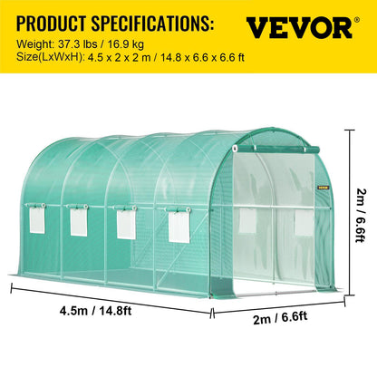 Walk-in Tunnel Greenhouse, 4.5 x 2 x 2 m /15 x 7 x 7 ft Portable Plant Hot House w/ Galvanized Steel Hoops, 1 Top Beam, 2 Diagonal Poles, 2 Zippered Doors & 8 Roll-up Windows, Green