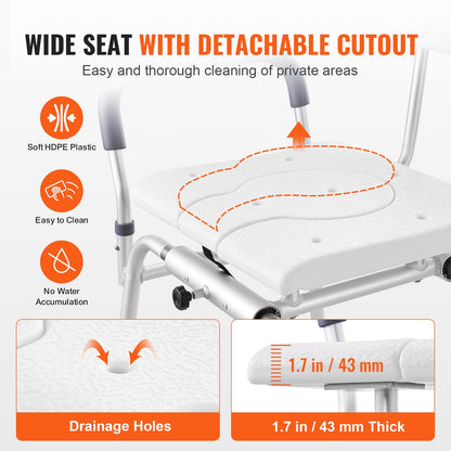 Sliding Tub Transfer Bench, Height Adjustable Bathtub Transfer Bench with Cut-Out Seat, Reversible Backrest & Safety Belt, Non-Slip Shower Chair for Elderly Disabled Handicap, 400LBS Capacity