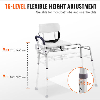 Sliding Tub Transfer Bench, Height Adjustable Bathtub Transfer Bench with Cut-Out Seat, Reversible Backrest & Safety Belt, Non-Slip Shower Chair for Elderly Disabled Handicap, 400LBS Capacity
