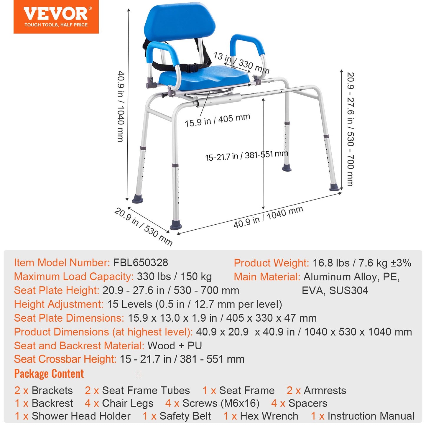 Sliding Tub Transfer Bench Shower Chair with 360 Degree Swivel Seat 150 kg