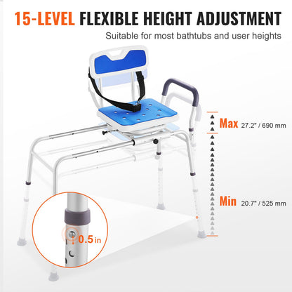 Sliding Tub Transfer Bench with 360 Degree Swivel Seat, Height Adjustable Bathtub Transfer Bench with Armrest & Safety Belt, Non-Slip Rotating Shower Chair for Elderly Disabled, 400LBS Capacity