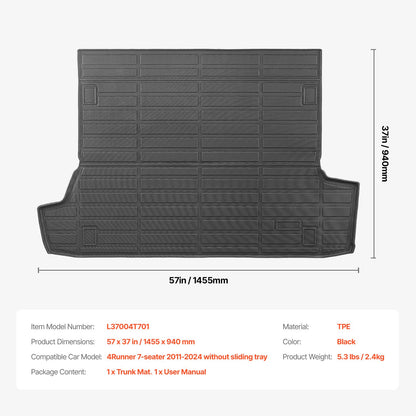 Lastmatta kompatibel med Toyota 4Runner 7-sitsig 2010-2024 utan glidbricka, precisionspassande bagagerumsmatta för SUV:ar, TPE-bagageskydd, svart (1 st)
