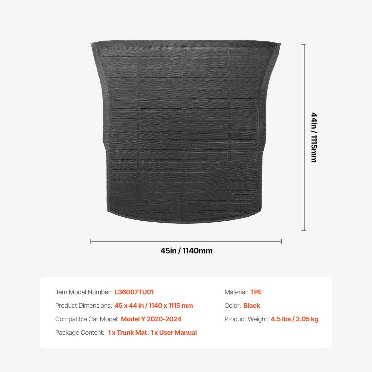 Cargo Mat Compatible with Tesla Model Y 2020-2024, Precise Fit Trunk Mat for SUVs, TPE Trunk Protector Replacement, Black (1PCS)