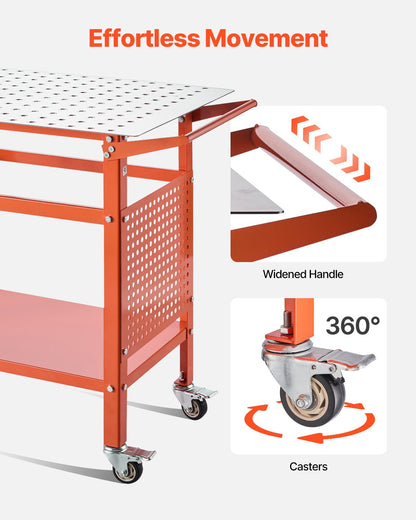 Welding Table, 40" x 24" Welding Workbench Table with 800LBS Static Weight Capacity, Movable Steel Work Bench with 4 Wheels (2 with Brake), Double-Layer Storage Board and 5/8-inch Fixture Holes