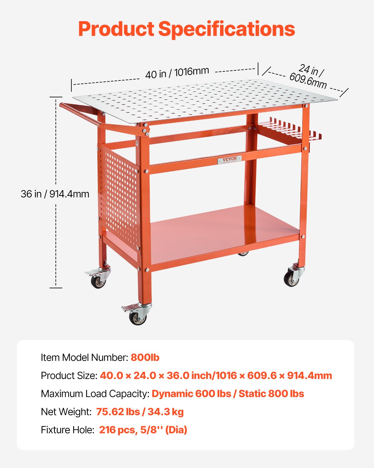 Welding Table, 40" x 24" Welding Workbench Table with 800LBS Static Weight Capacity, Movable Steel Work Bench with 4 Wheels (2 with Brake), Double-Layer Storage Board and 5/8-inch Fixture Holes