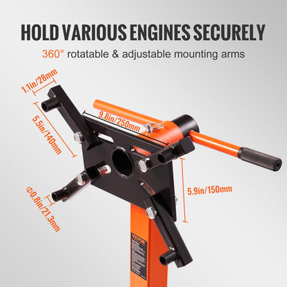 Engine Stand, 1500 lbs (3/4 Ton) Rotating Engine Motor Stand with 360 Degree Adjustable Head, Cast Iron Folding Motor Hoist Dolly, 5-Caster, 4 Adjustable Arms, for Vehicle Maintenance