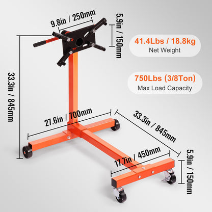Engine Stand, 340 kg Rotating Engine Motor Stand with 360 Degree Adjustable Head, Cast Iron Motor Hoist Dolly, 4-Caster, 4 Adjustable Arms, for Vehicle Maintenance, Auto Repair