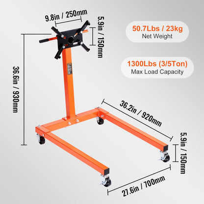 Engine Stand, 1300 LBS Rotating Engine Stand with 360 Degree Adjustable Head, Steel Engine Block Stand with Tray, 4-Caster, 4 Adjustable Arms, for Vehicle Maintenance