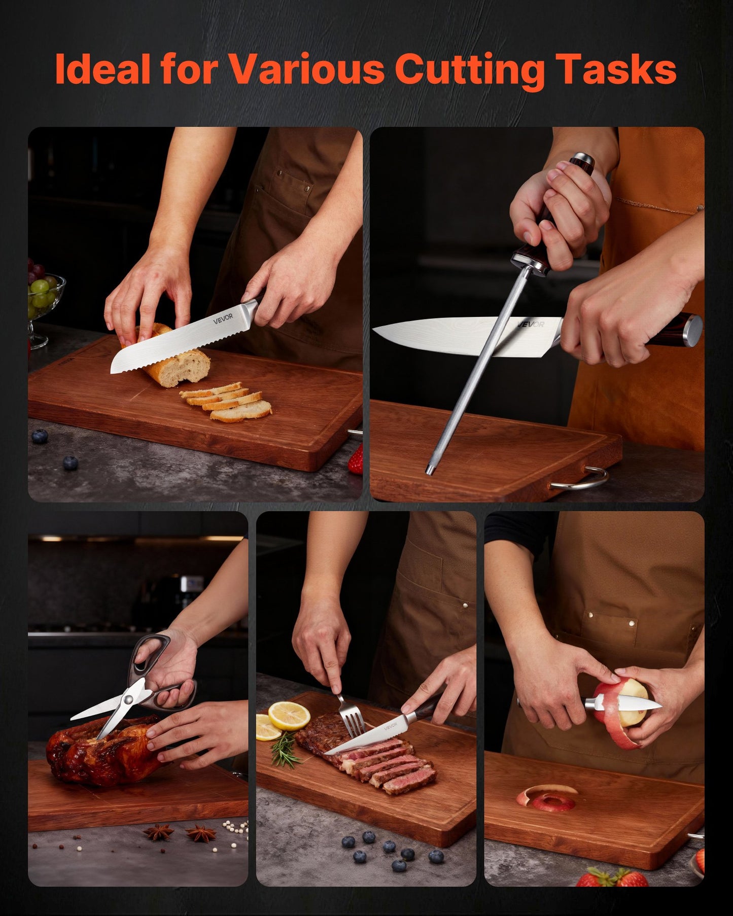 Kitchen Knife Set with Block and Sharpener, 15 Piece High Carbon Stainless Steel Knife Set, Rust-Resistant Kitchen Cutlery with Ergonomic Handle, Sharpening Rod & Premium Wooden Block, for Home