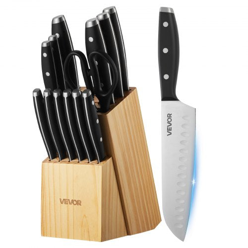 Kitchen Knife Set with Block and Sharpener, 15 Piece High Carbon Stainless Steel Sharp Knife Set, Kitchen Cutlery with Ergonomic Handle, Sharpening Rod and Premium Wooden Block, for Home Cooks