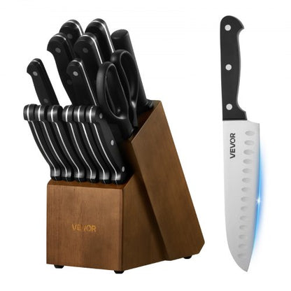 Kitchen Knife Set with Block and Sharpener, 15 Piece German High Carbon Stainless Steel Knife Set, Kitchen Cutlery with ABS Ergonomic Handle, Sharpening Rod and Wooden Block, for Home Cooks