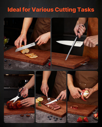 Kitchen Knife Set with Block and Sharpener, 15 Piece German High Carbon Stainless Steel Knife Set, Kitchen Cutlery with ABS Ergonomic Handle, Sharpening Rod and Wooden Block, for Home Cooks