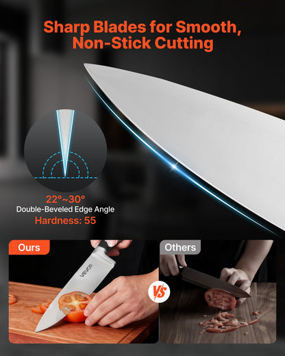 Kitchen Knife Set with Block and Sharpener, 15 Piece High Carbon Stainless Steel Sharp Knife Set, Kitchen Cutlery with Crack-Resistant Handle, Sharpening Rod and Wooden Block, for Home Cooks