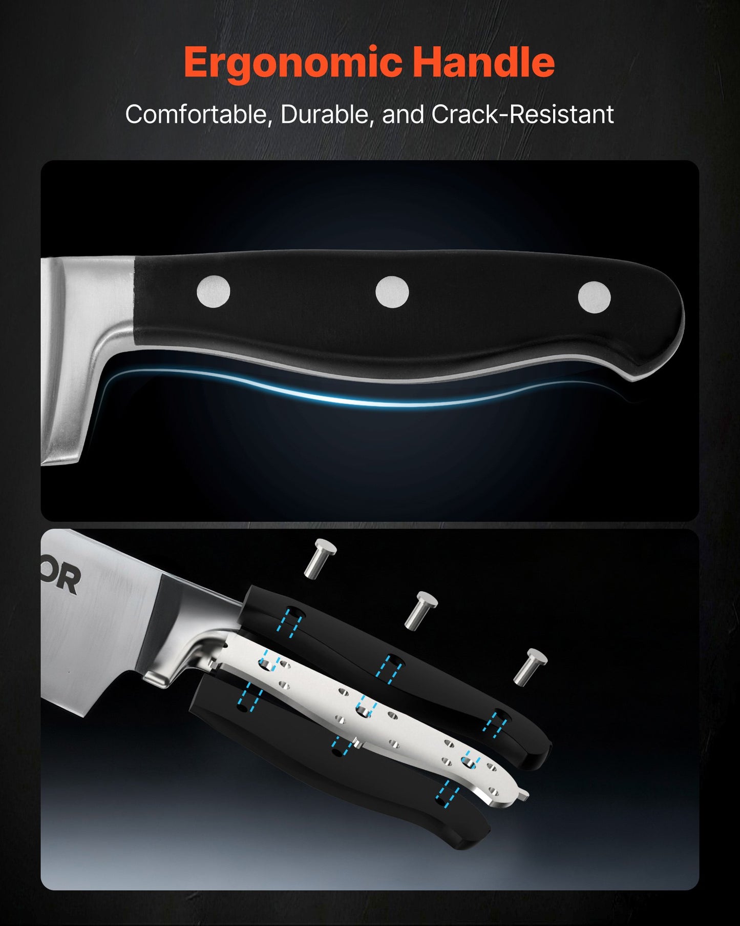 Kitchen Knife Set with Block and Sharpener, 15 Piece High Carbon Stainless Steel Sharp Knife Set, Kitchen Cutlery with Crack-Resistant Handle, Sharpening Rod and Wooden Block, for Home Cooks