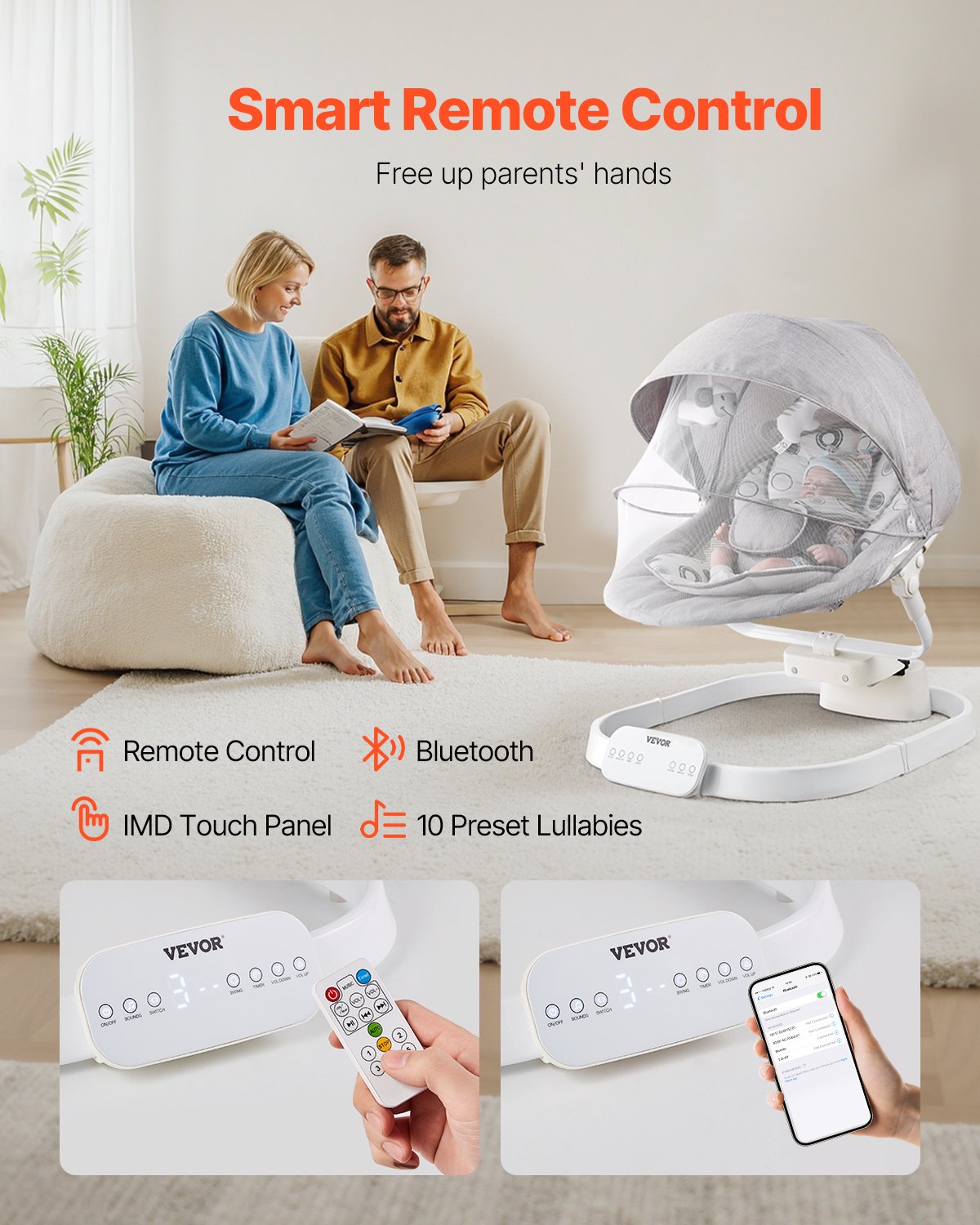 Babygunga, babygunga för spädbarn med 3 hastigheter och 3 sittpositioner, IMD-pekskärm, fjärrkontroll, Bluetooth och 10 förinställda vaggvisor, bärbar babygunga för 0-9 månader pojkar flickor upp till 9 kg