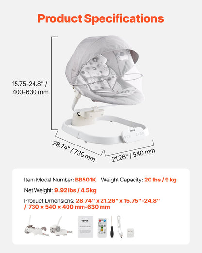 Babygunga, babygunga för spädbarn med 3 hastigheter och 3 sittpositioner, IMD-pekskärm, fjärrkontroll, Bluetooth och 10 förinställda vaggvisor, bärbar babygunga för 0-9 månader pojkar flickor upp till 9 kg