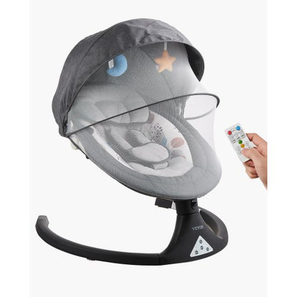 Babygunga, 5-växlad babygunga med 3 sittpositioner, bärbar babygunga med PVC-pekskärm, fjärrkontroll, Bluetooth, 10 vaggvisor och myggnät för 0-9 månader/0-20 lbs nyfödda